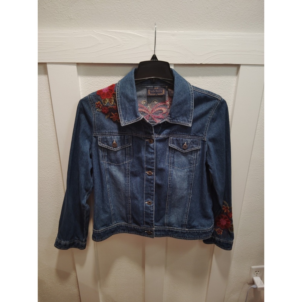 Life Style Denim Jacket Medium Blue Floral & Butterfly Embroidered Button Up Y2K